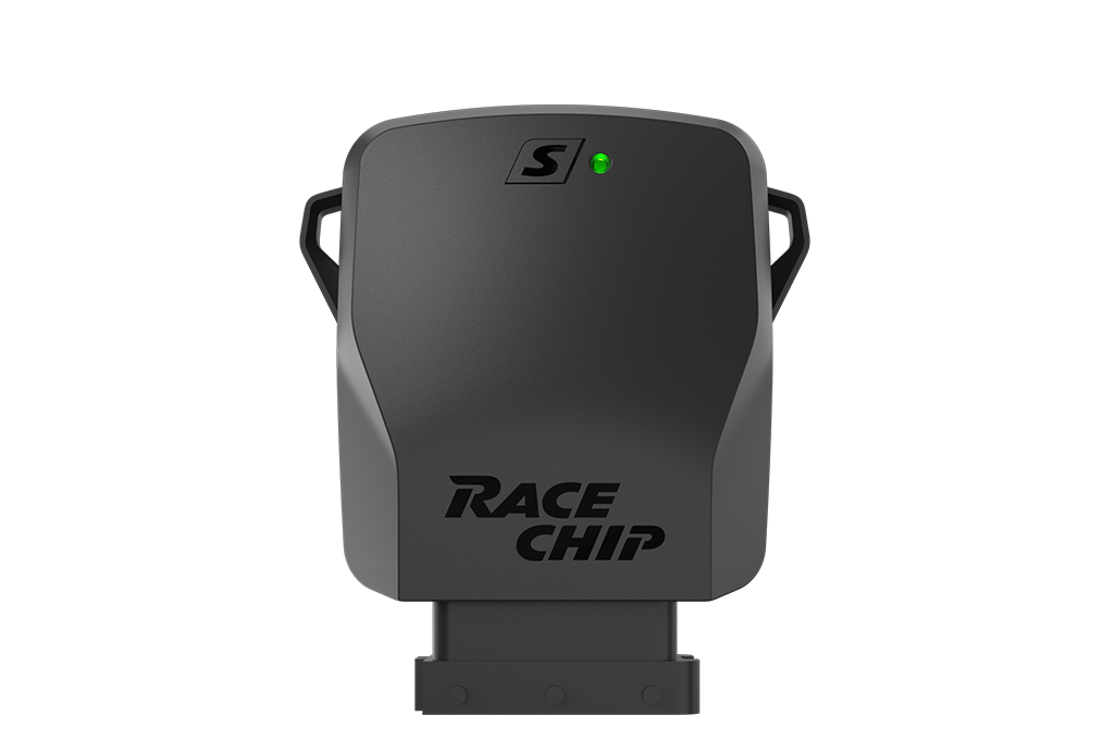 Unidad de control RaceChip S con luz de funcionamiento verde, diseño de carcasa sencillo y logotipo de RaceChip.