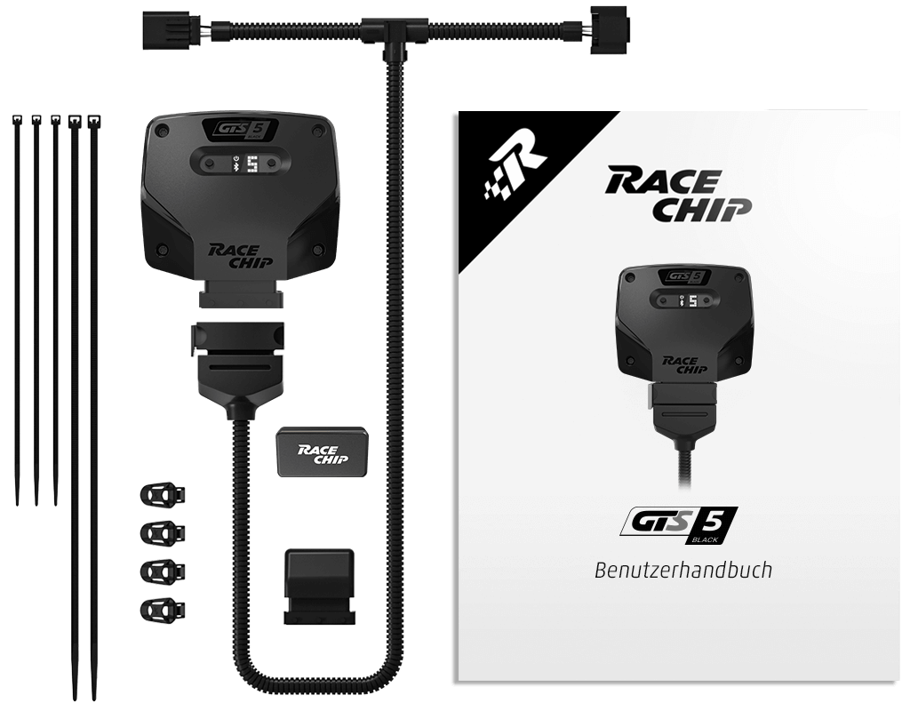 Contenido de la entrega RaceChip GTS 5 Black: unidad de control, mazo de cables específico del vehículo, conector de serie, clips de fijación 360°, bridas y manual de usuario.