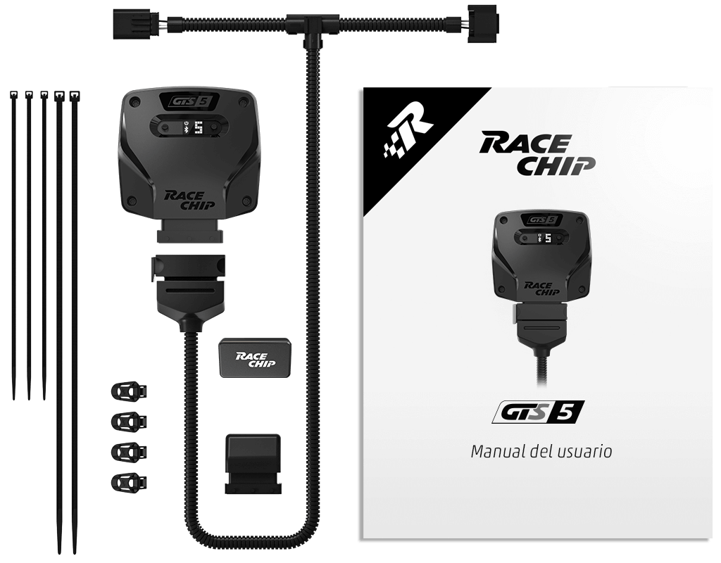 Contenido del paquete del chip de ajuste RaceChip GTS 5 con unidad de control, mazo de cables, opcional: dongle OBD, conector de serie, cinco bridas, cuatro clips de montaje y manual de usuario.