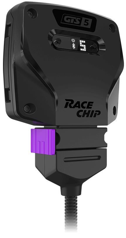 Unidad de control RaceChip GTS 5 en vista en ángulo con cierre violeta e indicador LED para Bluetooth y nivel de potencia.