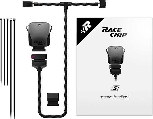 Contenido de la entrega RaceChip S: unidad de control, mazo de cables específico del vehículo, conector de serie, bridas y manual de usuario.